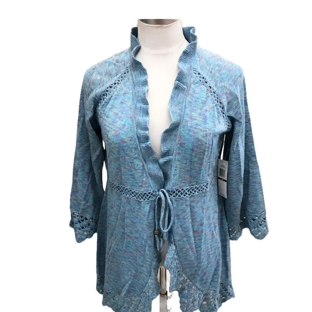 NEW RXB coastal grandma blue multicolored tie front ruffle knit cardigan M
